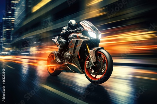 Motorcycle on the road with motion blur background. Concept of speed  EBR racing motorcycle with abstract long exposure dynamic speed light trails in an urban environment city  AI Generated