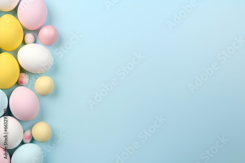 Colorful easter eggs on blue background with copy space for text  Easter party concept. Top view photo of easter bunny ears white pink blue and yellow eggs on isolated pastel blue  AI Generated