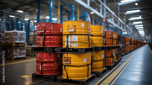 Rows of yellow and red steel barrels on pallets in warehouse.