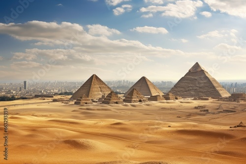 The Great Pyramids of Giza in Cairo  Egypt  Africa  Egypt. Cairo - Giza. General view of pyramids and cityscape from the Giza Plateau  AI Generated