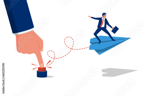 Launch project, business metaphor. Human hand pushing start button. Businessman takes off on an airplane. Start up concept. Vector illustration, flat design style. Isolated on white background.