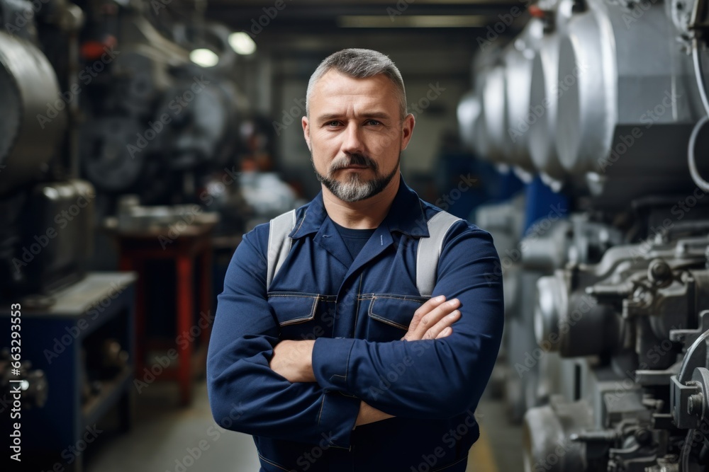 Worker in a factory standing, man at work. Generative AI Worker in a factory standing, man at work. Generative AI