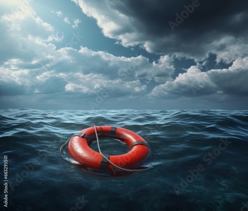 Rescue, lifebelt help concept, survivor in distress on stormy seas, sos, buoy, generative ai