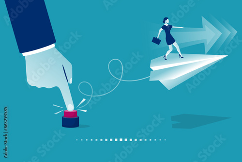 Launch project, business metaphor. Human hand pushing start button. Businesswoman takes off on an airplane. Start up concept. Vector illustration, flat design style. Isolated on white background.