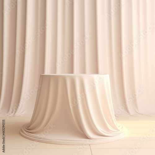Round white product podium display covered silk fabric drapery folds.