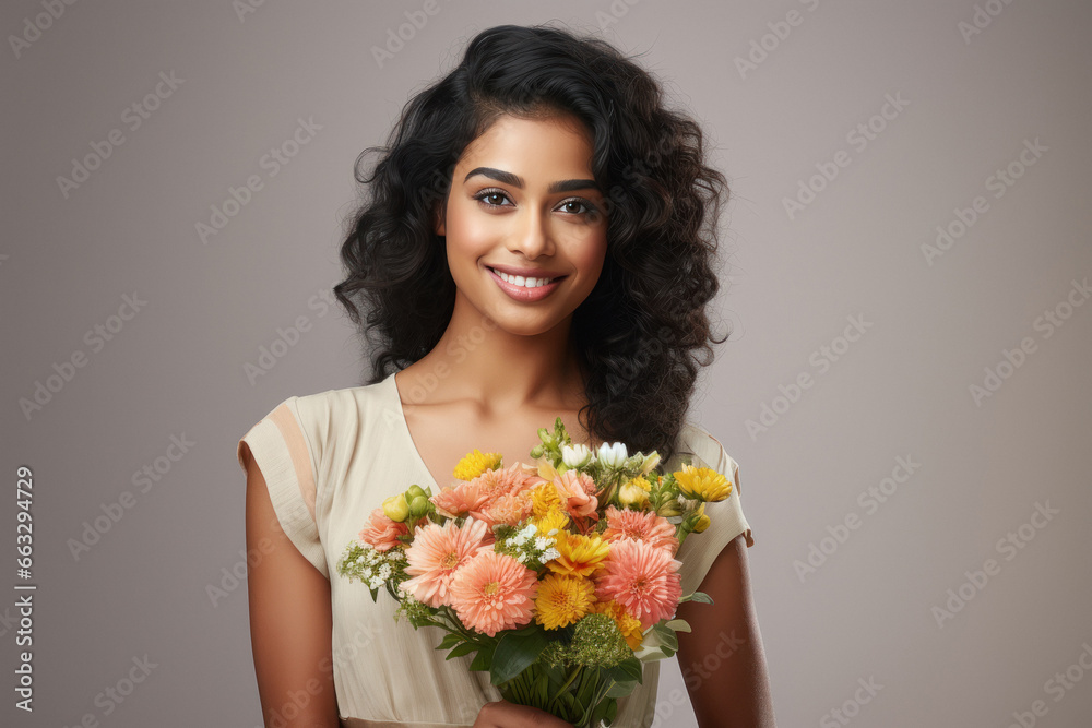 Young beautiful woman holding a bouquet of flowers in her hand. Young beautiful woman holding a bouquet of flowers in her hand.