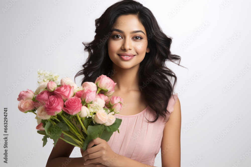 Young beautiful woman holding a bouquet of flowers in her hand.