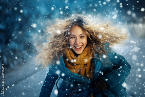 portrait of a smiling happy girl in snowy winter