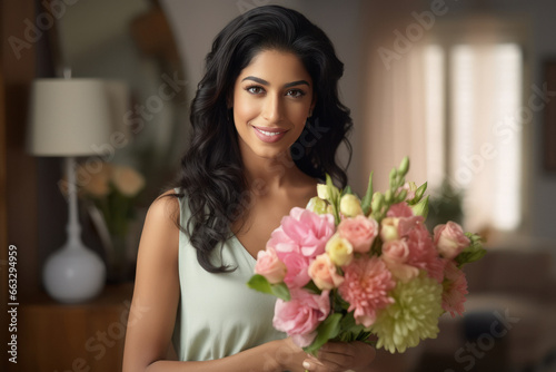 Young beautiful woman holding a bouquet of flowers in her hand.