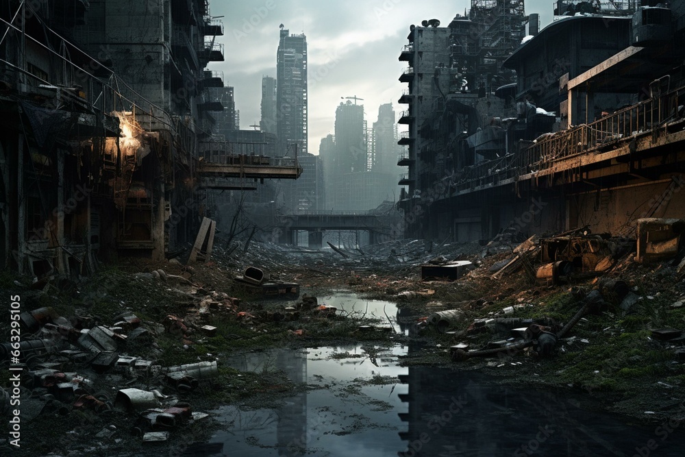 A bleak urban landscape set in a future where society has deteriorated and technology dominates. Generative AI
