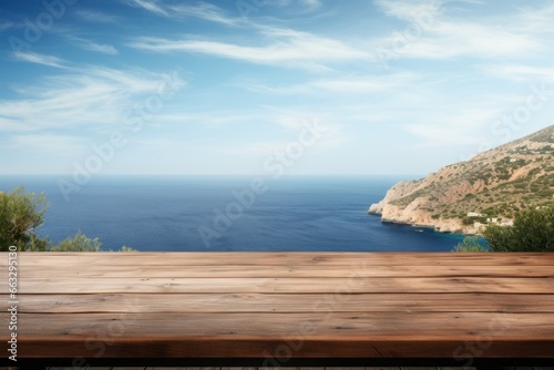 Wooden table, deck on the side of a sea overlooking the cliffs and seascape, in the style of mediterranean landscapes, contest winner, environmental awareness, generative ai
