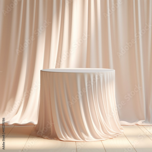 Round podium covered with silk fabric in studio