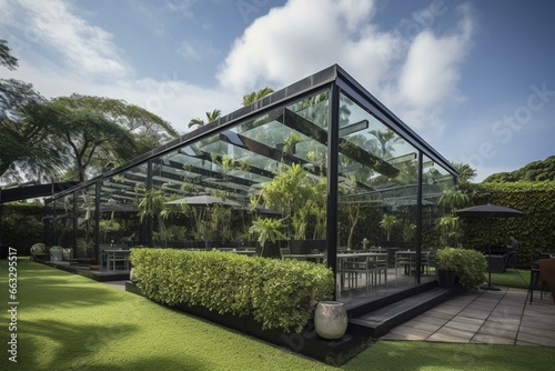 Plant-filled glass structure with tables, lush vegetation, open lawn area. Generative AI