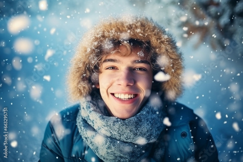 young handsome man in warm clothes enjoying snowy winter 