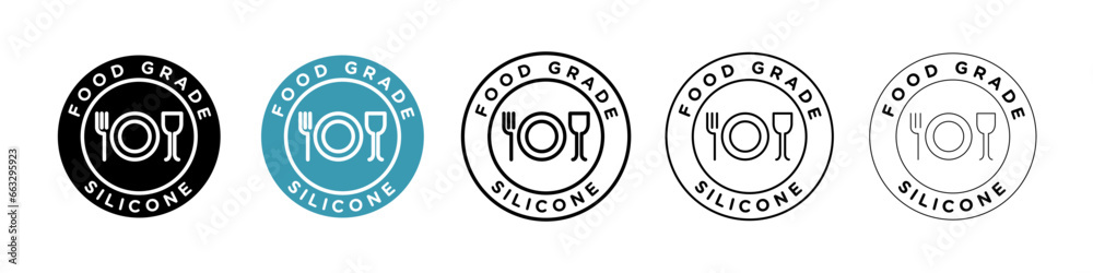 Food grade silicone sign icon set. Plastic safety fork and glass vector icon for ui designs. - obrazy, fototapety, plakaty 