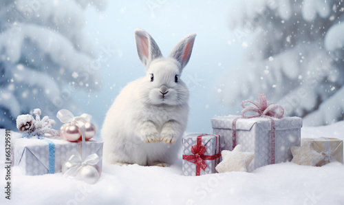 A white rabbit sits in the snow next to Christmas presents  surrounded by a winter landscape. Cute and funny pets at Christmas. 