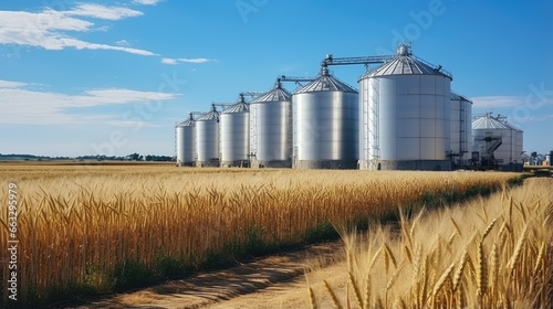 large grain elevators stand in wheat field