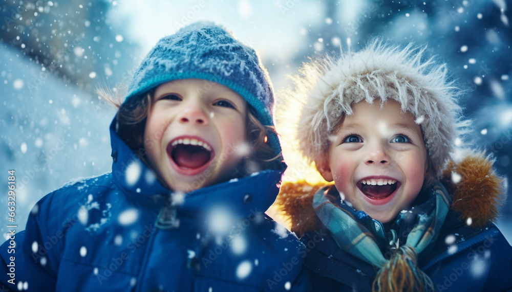 happy smiling children enjoying winter and catching snowflakes on snowy background outdoors happy smiling children enjoying winter and catching snowflakes on snowy background outdoors