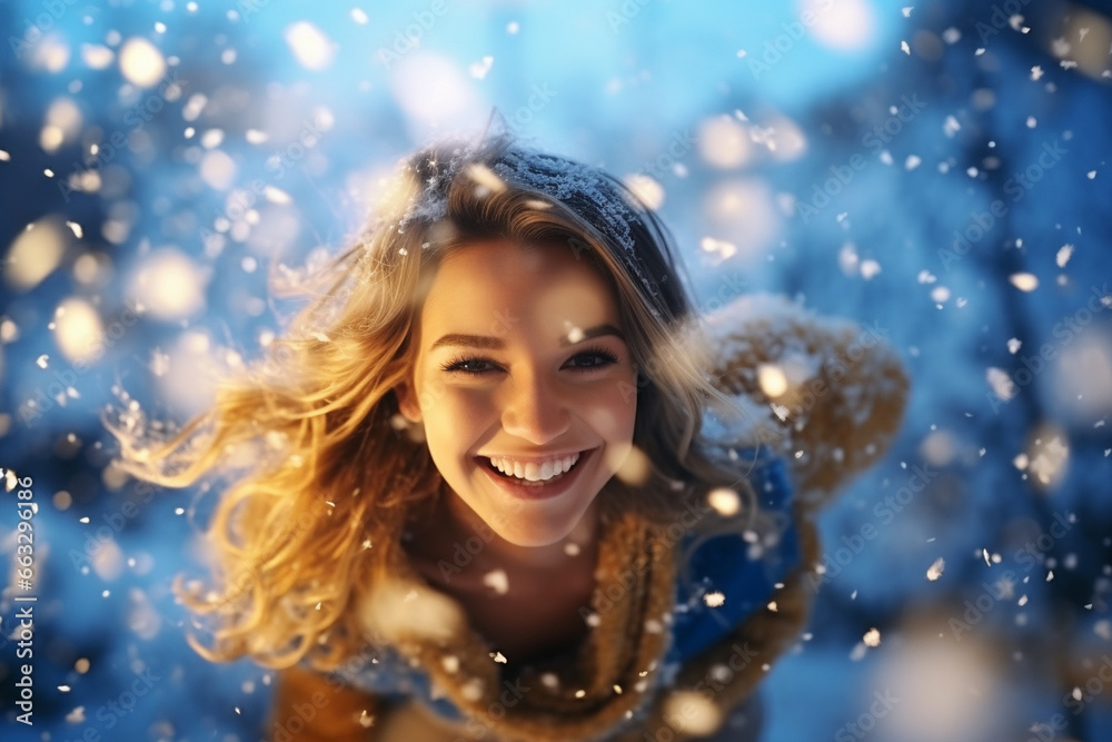 portrait of a beautiful smiling happy girl in snowy winter portrait of a beautiful smiling happy girl in snowy winter