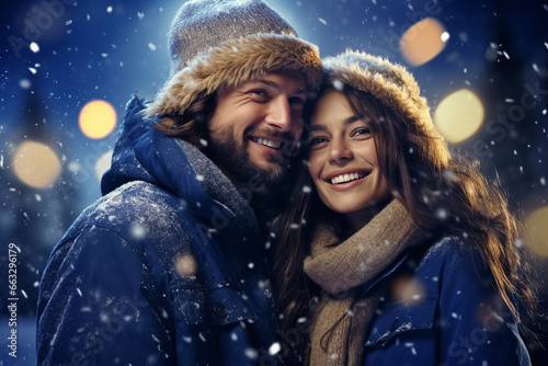 happy couple in snowy winter