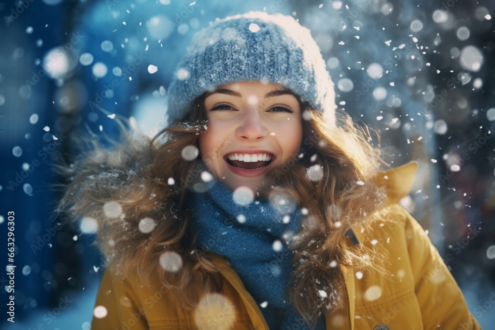portrait of a beautiful smiling happy girl in snowy winter portrait of a beautiful smiling happy girl in snowy winter