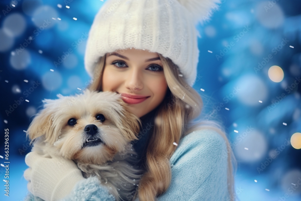 portrait of a smiling happy girl with dog in snowy winter