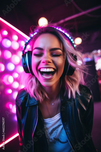 young woman in headphones listens to music. beautiful, happy girl in neon light. smiling man on a purple background
