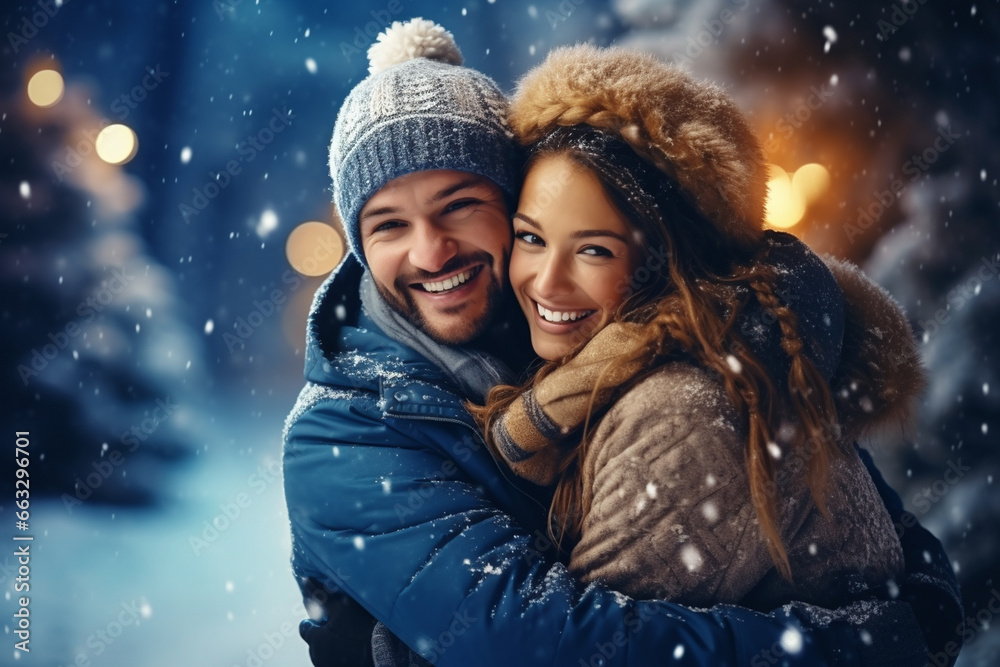 happy couple in snowy winter happy couple in snowy winter