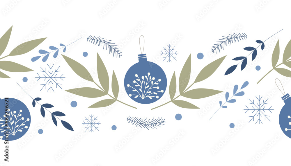 Vector seamless Christmas pattern with winter plants, snowflakes and Christmas balls - obrazy, fototapety, plakaty 