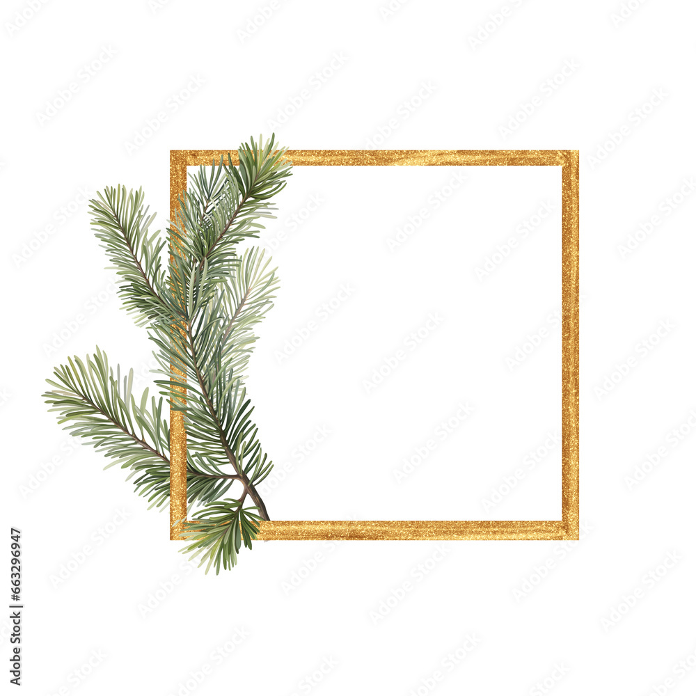 Obraz premium Gold Christmas frame with fir branches.