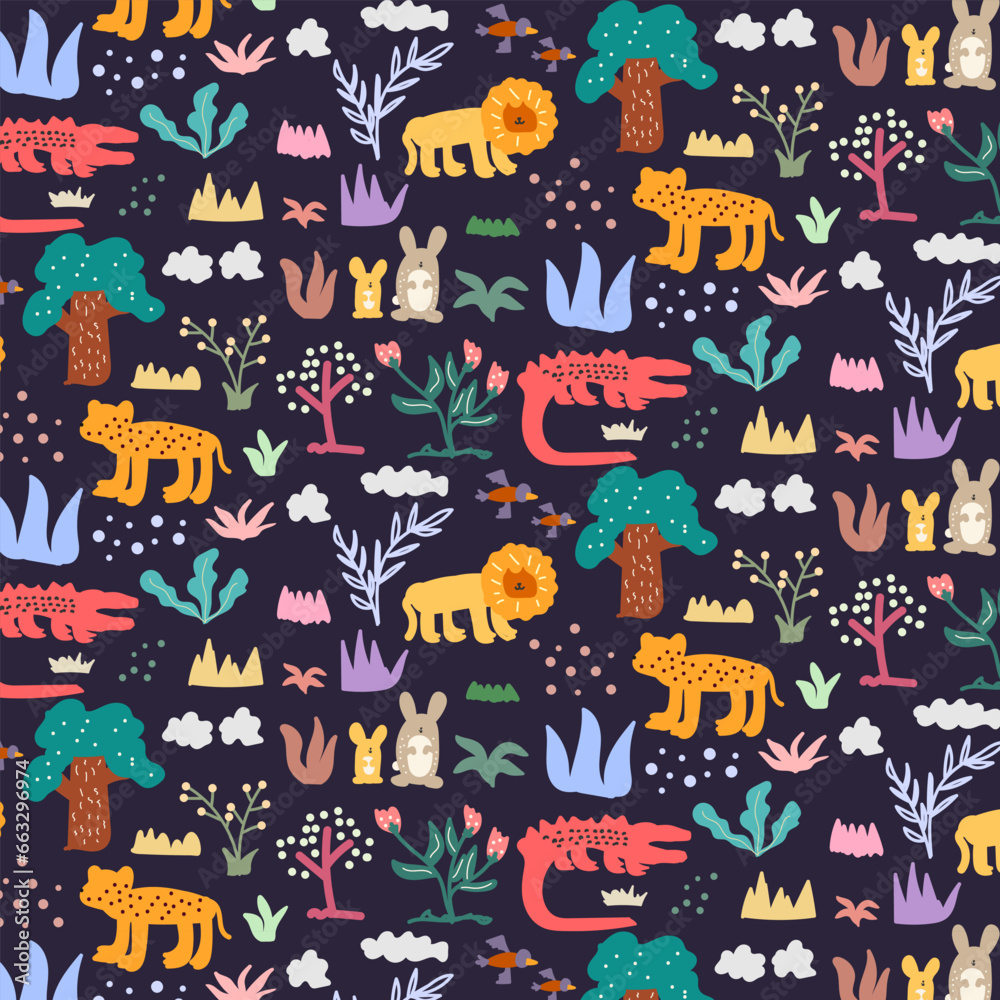 Cute hand drawn animals Seamless pattern. for fabric, print, textile and wallpaper Cute hand drawn animals Seamless pattern. for fabric, print, textile and wallpaper