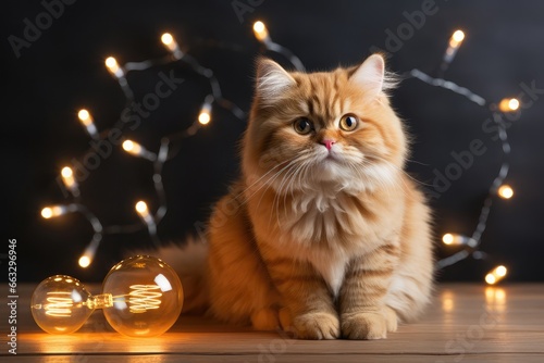 Portrait of red cute kitty cat sitting on the floor with lights.