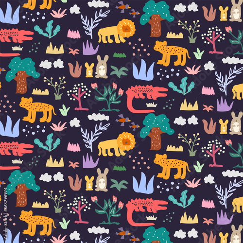 Cute hand drawn animals Seamless pattern. for fabric  print  textile and wallpaper