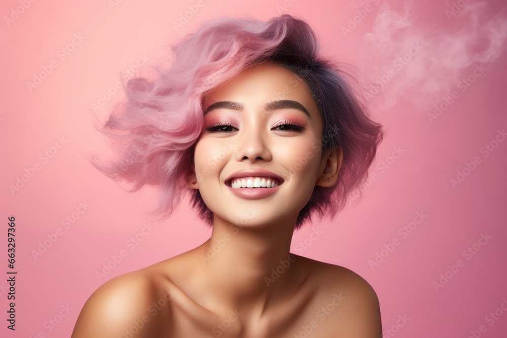 Beautiful asian woman with pink hair and makeup on pink background. Created with Generative AI tools