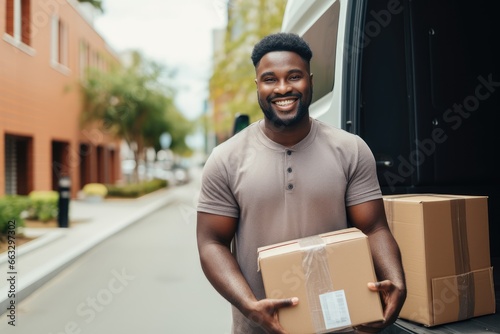 smiling african american delivery man holding parcel and looking at camera. Created with Generative AI tools © DIGITALSHAPE