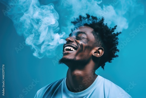 Smiling african american man with curly hair blowing smoke isolated on blue. Created with Generative AI tools