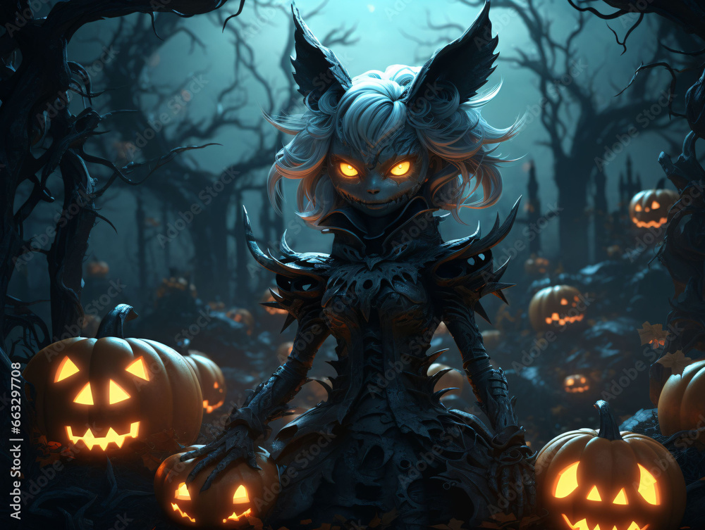 Halloween illustration of evil demon fantasy 3D character in the night surrounded by lighted pumpkins created with Generative AI technology