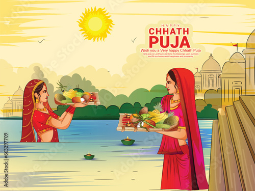 creative vector of Chhath Puja background with Indian Women doing prayer of God Sun and bathing in river.