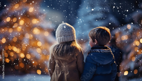 happy children enjoying winter on snowy background outdoors