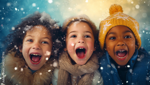 happy smiling children enjoying winter and catching snowflakes on snowy background outdoors
