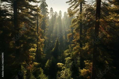 Stunning sun-drenched redwood forest from above. Generative AI photo