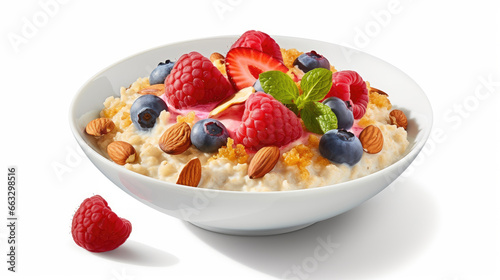 A bowl of oatmeal with fresh strawberries, raspberries, blueberries and nuts on a white background. Illustration for covers, banners and other projects for promoting a healthy lifestyle.
