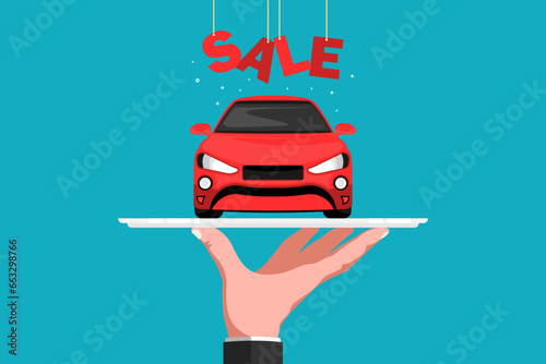 New model personal car for sale in human hand on isolated background, Vector illustration.