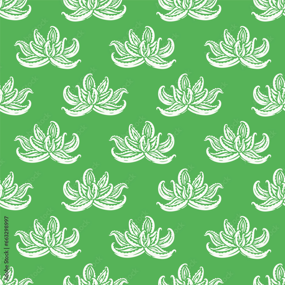 Fototapeta premium Aloe Vera Flower Seamless Vector Pattern. Succulent Plant. Medicinal plants background. Great for packaging design of Cosmetic and medicines products using aloe vera Leaves ingredients Design.