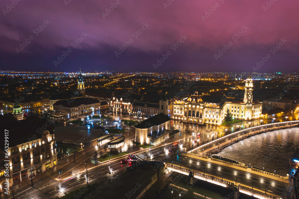 Oradea romania tourism aerial a mesmerizing aerial view of a historic European city, illuminated under the night sky