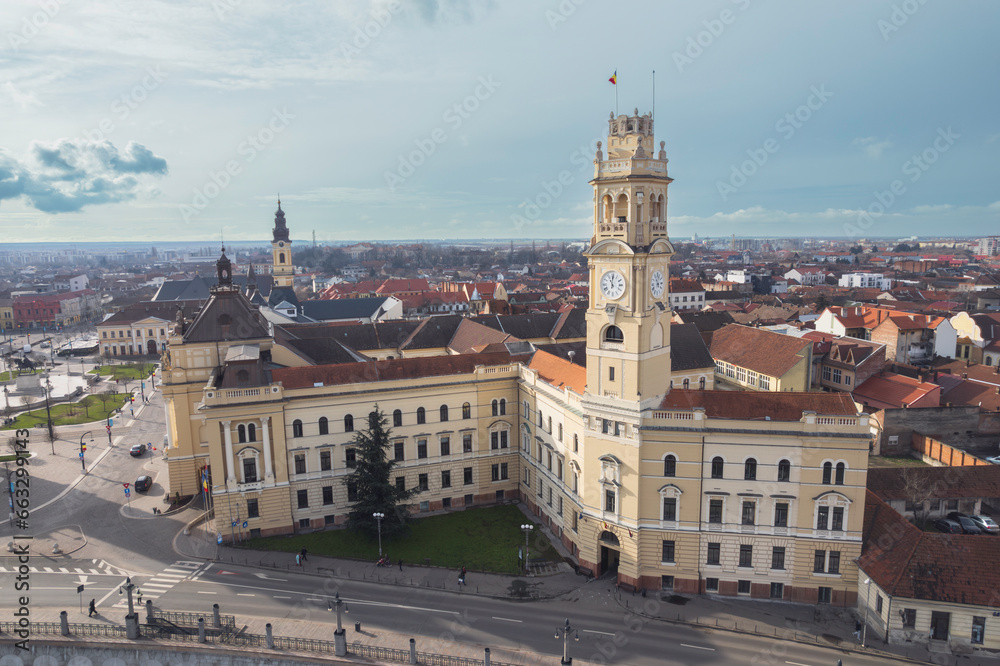 Aerial art nouveau historical a majestic clock tower in the historic city of Oradea, captured from a stunning aerial perspective incity Oradea, Bihor, Romania