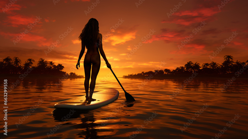 Woman sup board sunset