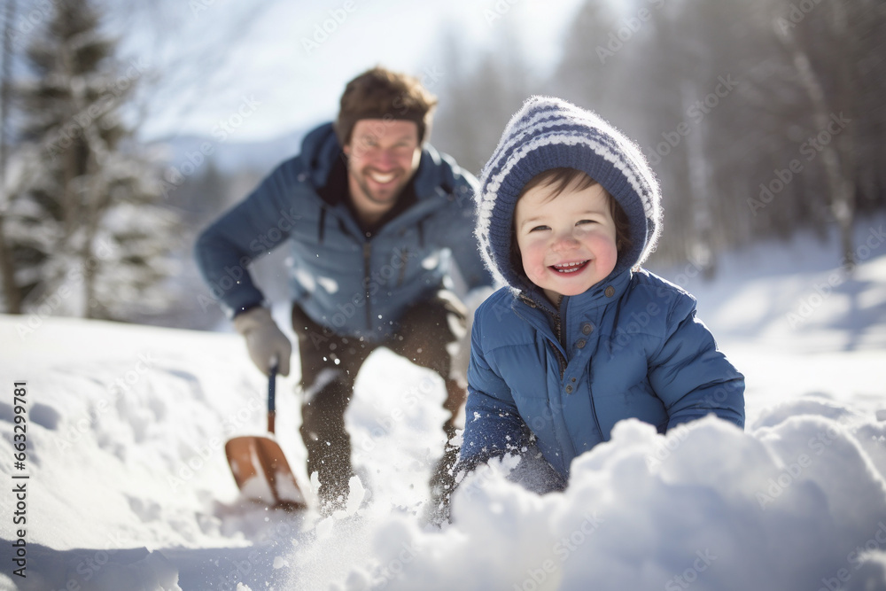 happy smiling parent and child clearing snow by shovel after snowfall , love winter