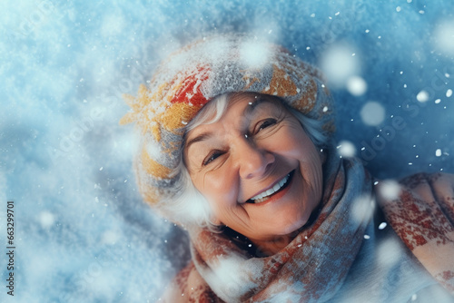  portrait of a smiling happy old woman in snowy winter