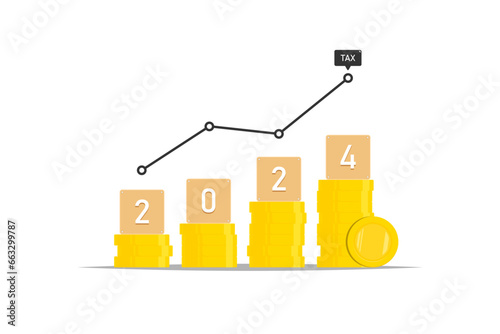 Income tax trends in 2024, Coin stack levels with line graph on isolated background, Vector illustration.